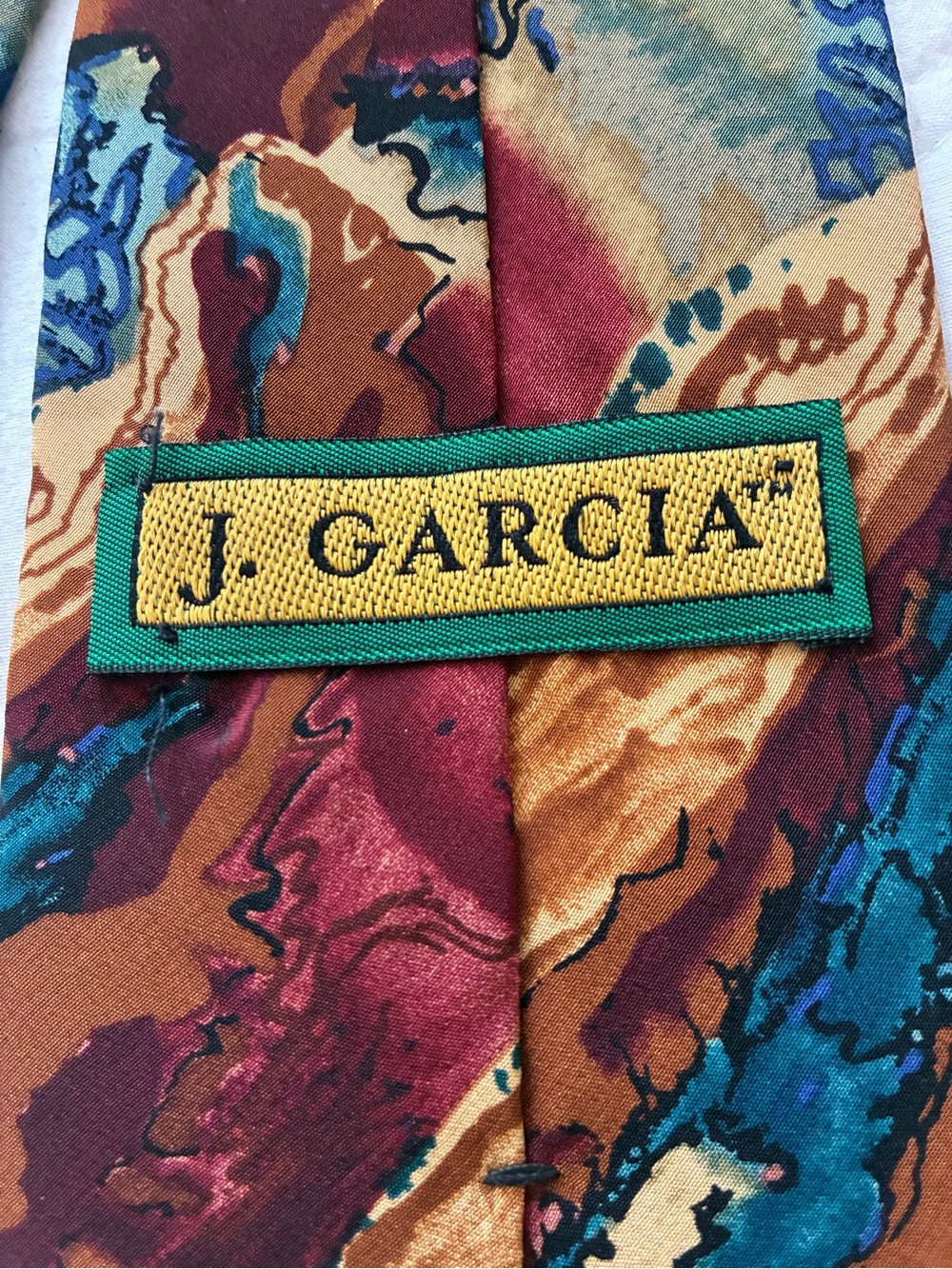 Jerry Garcia Vintage Abstract Men’s Tie — Burgundy Teal & Gold 100% Silk